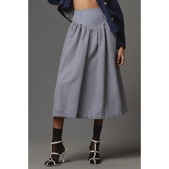 Anthropologie Dresses & Skirts - Anthropologie || Hutch Gingham Midi Skirt Smocked Back Blue White XL